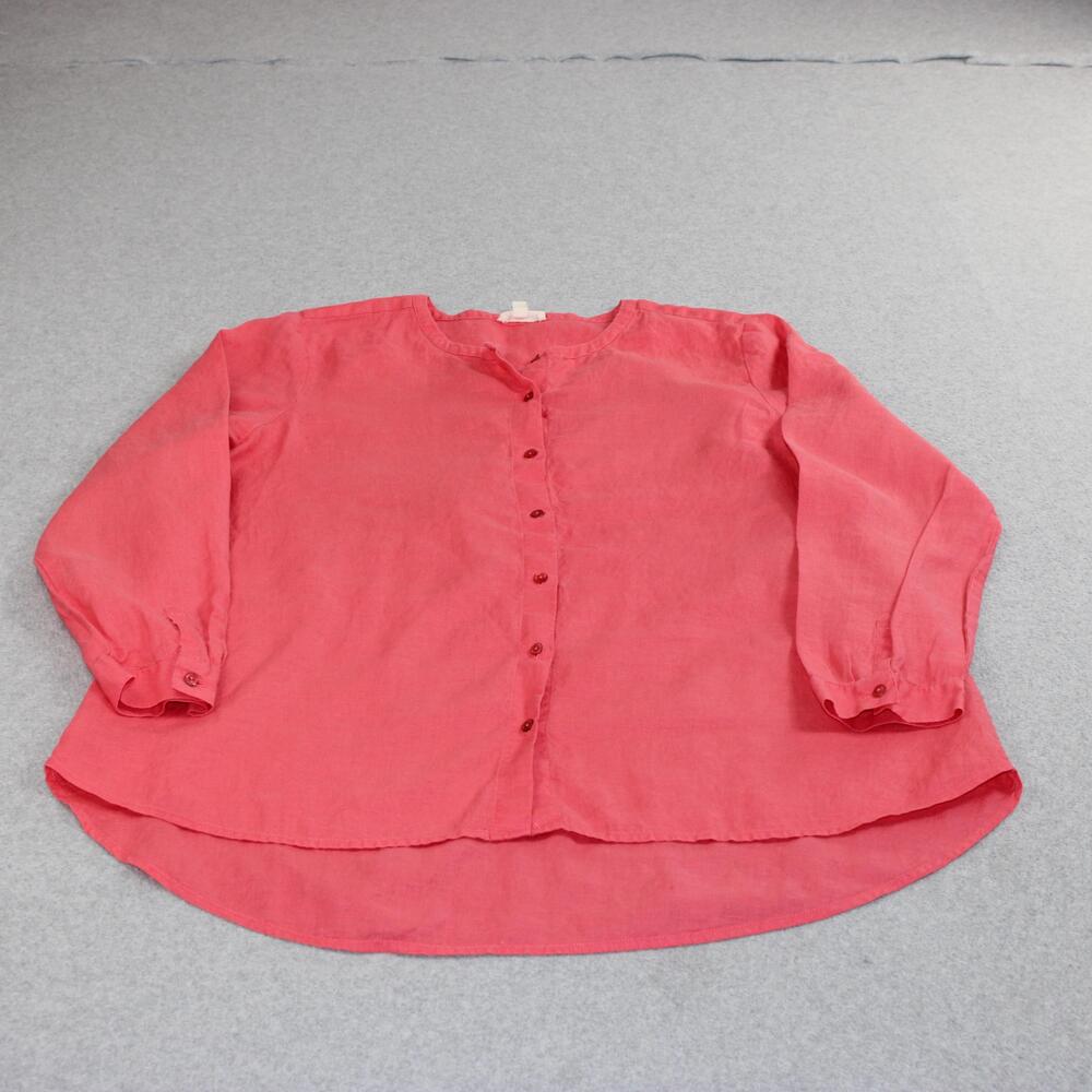 Eileen Fisher Linen Shirt Women Large Pink Button 3/4 Sleeve Tunic Boho Organic